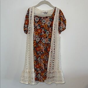 Rare Editions Floral Dress with Cream Crochet